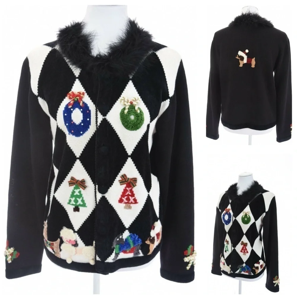 Vintage Berek Boa feather Poodle Jingle Bells on Wreaths Sweater Size L. - Picture 4 of 17